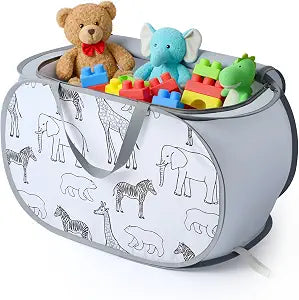 Foldable Toy Storage Basket with Zipper Lid & Handles- Animal Print, Gray