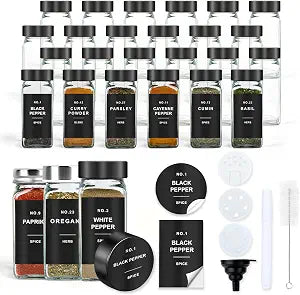 Spice Jars with Label, 24pcs 4oz Glass Spice Jars with Black Lids