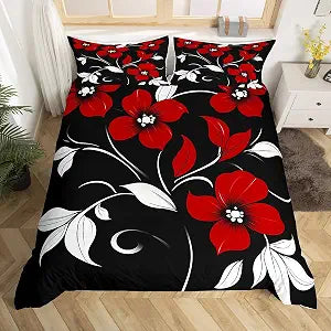 Red Floral Duvet Cover Queen Size Black White Petal Leaves Comforter Cover with 2 Pillowcase for Teens Adults Kids Modern Flowers Bedding Set Flower Art Breathable Decorative Bed Cover(No Comforter)