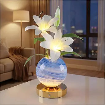 Lily Lamp  Rechargeable Wireless Touch-Control Dimmable Faux Flower Desk Light, LED Glass Planet Vase Night Light, Kitchen Bedroom Office Decor, Housewarming Gift Women and Mom