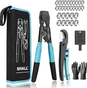 SHALL Pex Crimping Clamp Cinch Tool and Pipe Hose Cutter, Pipe Fitting Crimper Tool Kit Meets ASTM F2098 for 3/8" to 1" Stainless Steel Clamps Including 20pcs 1/2", 10pcs 3/4" Clamps With Storage Bag