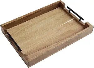 GarveeHome Acacia Serving Tray with Metal Handles, 17 in Wood Serving Tray for Coffee Table Liquor Bar, Coffee Serving Tray Toiletry Platter, Storage Tray for Ottoman Kitchen Bedroom Bathroom
