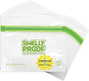 Smelly Proof 10 x Reusable Food Storage Bags, Reusable Freezer Bags, Reusable Snack Bags, Stand-Up Expandable Stand & Fill, Clear 3-Mil 6 x 4, US Made, BPA FREE, NO PEVA, 10-pk