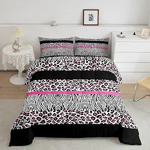 Feelyou Pink Leopard Comforter Set Full Size, Zebra Print Comforter for Kids Boys Girls Pink Black Bedding Set Safari Animal Duvet Insert Bed Set 3Pcs