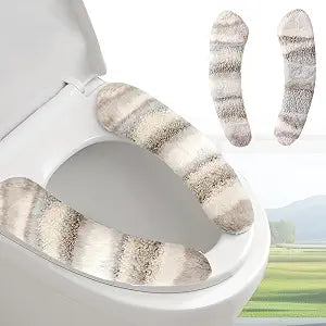 Thick and Warm Plush Toilet Seat Cover  Washable, Reusable Cushion with TPR Adhesive & Parallel Stripe Design for Comfort & Insulation (Grey)