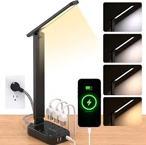 LED Desk Lamp, 10Ft Power Strip with 3 Outlets 4 USB Ports(2 USB C), Black