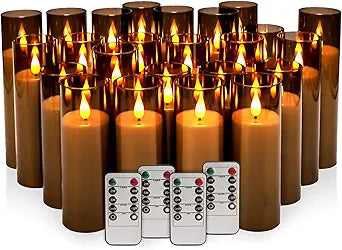 24 Pack LED Gray Flameless Candles with Remote, 3D Flickering Battery Operated Candles in Glass Holders, Safe for Weddings, Parties, Home and Outdoor Decor.