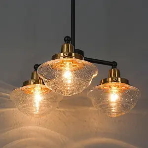 Black & Gold Chandelier, 3-Light Modern Glass Chandeliers Over Table, Farmhouse Brass Dining Room Light Fixture for Living Room, Foyer and Kitchen