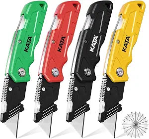 KATA 4 Pack Folding Utility Knife Set, Box Cutter with Extra 20 SK5 Blades
