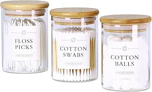 INIUNIK 3 Pack Qtip Holder Dispenser - Glass Apothecary Jars with Lids, Cotton Ball Pad Swab Round Holder, Bamboo Bathroom Accessories, Bathroom Organizers Containers Jars Canisters with Lids