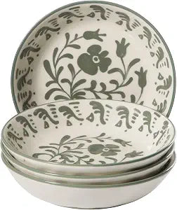 Bloomhouse - 2-Time Oprahs Favorite Things - Valencia Flor 4 Piece Dinner Bowl Set, 8 Stoneware Pasta Bowls, Mediterranean Floral Decal Design, Microwave & Dishwasher Safe, Fern Green