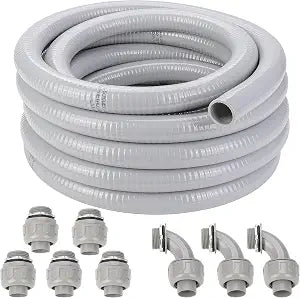 1 Inch Flexible Liquid Tight Conduit 25FT, Non Metallic Electrical Conduit Kit with 5PCS Straight and 3PCS 90-Degree Connector Fittings