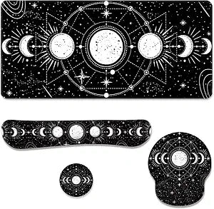 Moon Phase Desk Mat Set Celestial Astrology Black White Large Mouse Pad with Wrist Rest 4in1 Desk Mat for Desktop Ergonomic Computer Desk Arm Wrist Anti-Slip Computer Mouse Pad Home Office Gaming