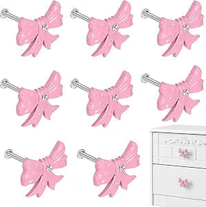 Bow Dresser Knobs 8 Pack Pink Zinc Alloy Cabinet Hardware for Girls Bedroom