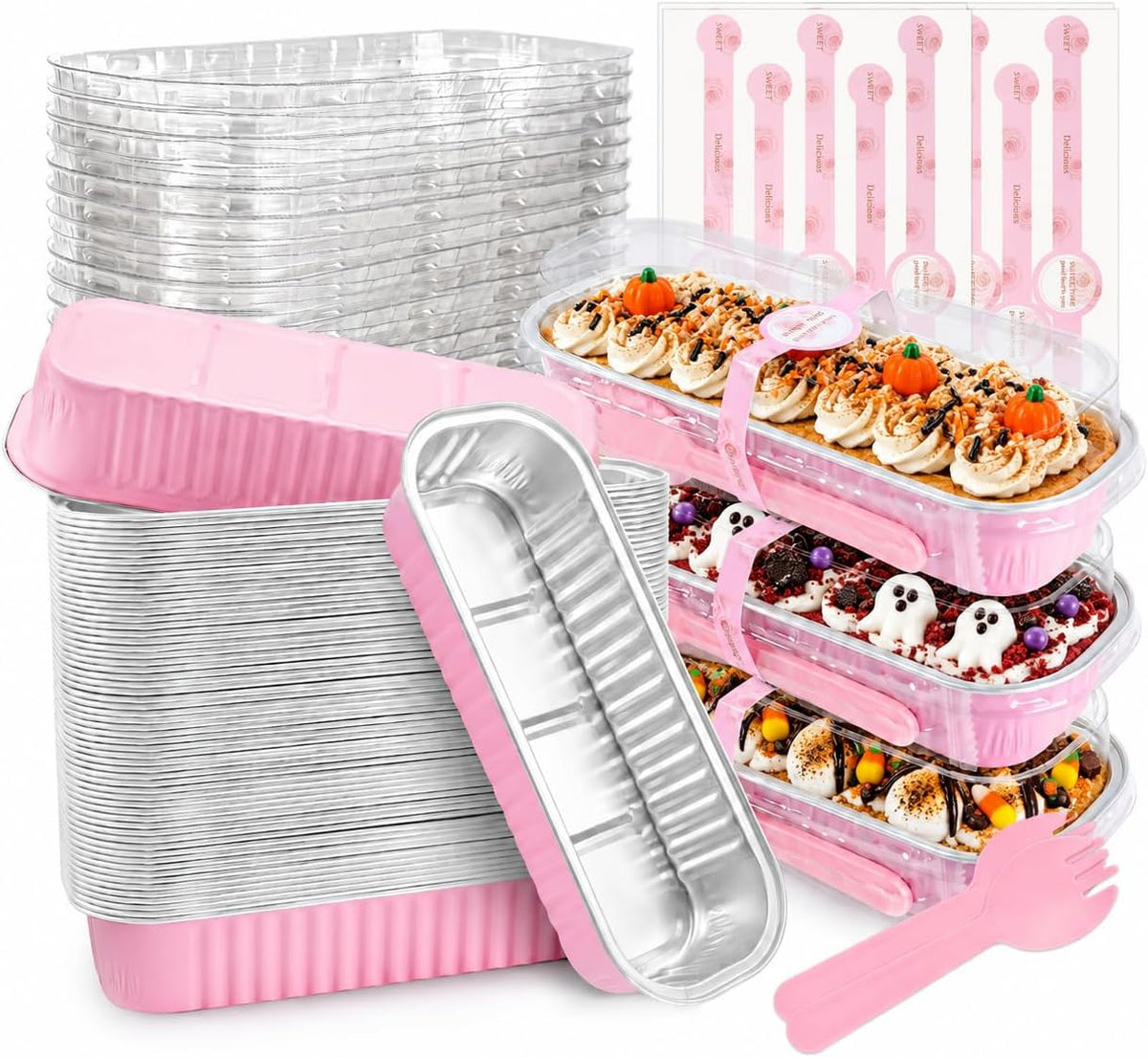 NPLUX 6.8oz Disposable Mini Loaf Pans with Lids 50 Pack Pink for Halloween