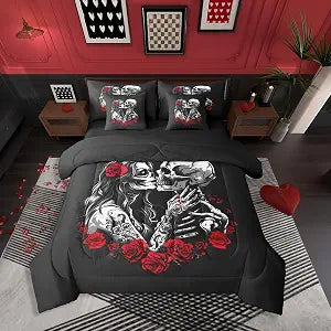 Erosebridal Gothic Valentine Couple Skull Queen Bed in A Bag 7 Piece