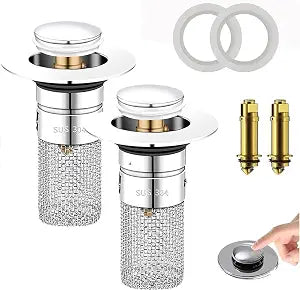 2 Pack Bathroom Sink Stopper Hair Catcher Pop-Up Stainless Steel Drain Strainer with Built-in Filter Basket Home Kitchen
