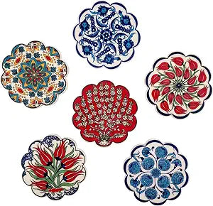 Turkish Ceramic Plate Absorbent Daisy Desing Coasters for Drinks House Warming,Living Room Decoration Gift Set of 6 No Holder,Oversize Better Protects Furniture from Damage (Multi 3)
