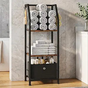 CHOEZON 3-Tier Towel Rack Freestanding, Towel Rack with a Fabric Drawer, 2 M-Shaped Metal Dividers and 4 Hooks, Bathroom Towel Storage Shelf, Towel Storage for Bathroom, Rustic Brown and Black TCJ29BF