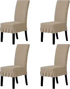 Easy-Going 4 PCS Stretch Dining Room Chair Covers with Skirt, Khaki