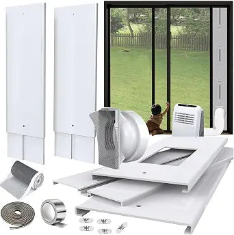 Max 105" Sliding Door AC Vent Kit with Screen net & 2 weather strippings Energy Saving Airtight Universal 5.0/5.9 Inch AC Hose Coupler Portable AC Balcony Door/Window Seal Plates kit