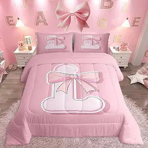 jejeloiu Pink Bowknot Bedding Set King Size Gifts for Women Teen