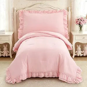 Toddler Bedding Set for Girls, 4 Piece Double Ruffles Super Soft Toddler Bed Set with Boho Toddler Comforter Sheet Set, Fitted Sheet, Flat Sheet and Pillowcase, Light Pink