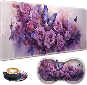 3-in-1 Large Mouse Pad Gaming Set (31.5 x 11.8 inch)+ Wrist Rest Pad + Coaster, Memory Foam Gel Wrist Rest Pad for Pain Relief, Stitched Edges, Non-Slip Table Mat, Purple Roses and Butterflies