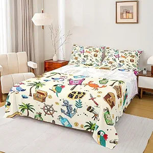 Manfei Pirate Kids Sheet Twin Size,Ocean Anchor Coastal Sea Bedding Set, Treasure Nautical Adventure Boys Girls Room Decor, Colorful Sheet(Fitted+Flat+1 Pillowcase)
