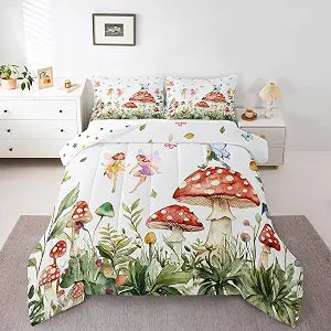 Erosebridal Fairy Mushrooms Bedding Toddler,Dreamy Fairytale Comforter Set Cute Fairy Bed Sets Botanical Flowers Red Mushroom Duvet Insert 2 Pieces