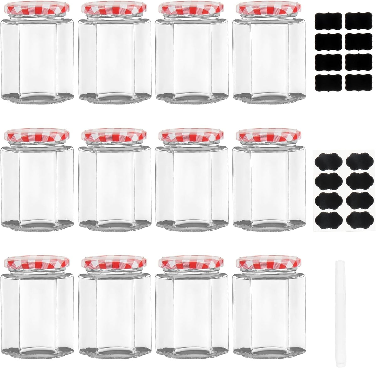 Hexagonal Glass Jars with Screw Top Red Gingham Lids - Airtight Pickle Jars & Candle Making Jars - 280ml / 9oz (12 Pack)