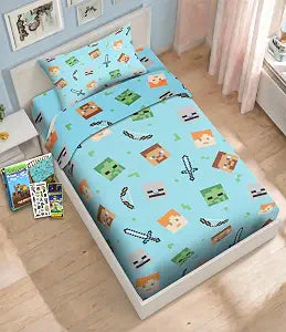 Minecraft Twin Bedding Set - Bundle Includes Sheets & Pillowcase Plus Stickers, More | Minecraft Bedroom Decor
