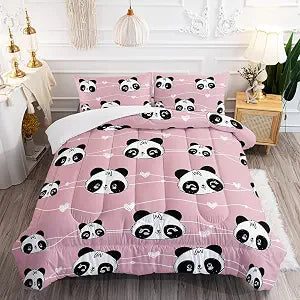 3D Cute Cartoon Panda Faces Pink Comforter Set Kids Girls Twin/Queen