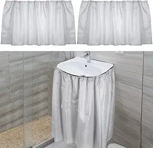 2 Pack Fabric Sink Skirt Diamond Bathroom Stitch Under Sink Skirt with Self Stick Adhesive Waterproof Fabric Under Sink Curtain Skirt for Extra Storage,Kitchen Sink Cover (Silver Gray,55 x 32Inch)