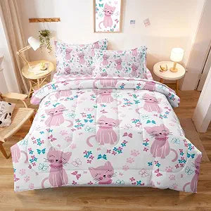 Kids Cat Bedding Comforter Set Twin Size for Girls, Pink