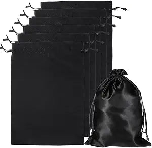 6Pcs Wig Bags with Satin Drawstring, Black Silk Hair Storage Bags for Multiple Wigs, Bundles, Extensions(Black)