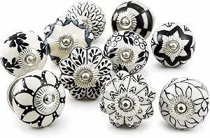 Ajuny Ceramic Cabinet Knobs, Set of 10 - Vintage Black & White, Hand-Painted Pumpkin & Round Drawer Pulls for Kitchen Cabinets, Vanities, Dressers & Cupboards, 1.5 in, Screws & Backplates Included