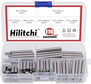 Hilitchi 110 Pcs Dowel Pin Stainless Steel Shelf Support Pin Fasten Elements Assortment Kit - Size Include 5mm x 10mm / 16mm / 20mm / 25mm / 30mm / 35mm / 40mm