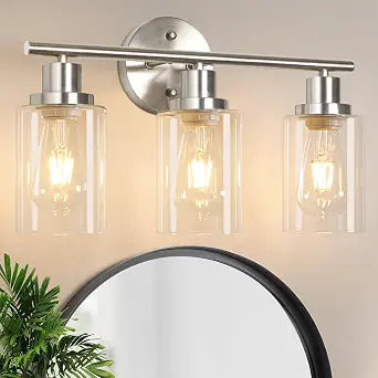 Unicozin 3 Light Vanity Lights, Brushed Nickel Wall Sconce Light with Clear Glass, Bathroom Light Fixtures, Wall Lights for Mirror, Living Room, Bedroom, Hallway, E26 Base (Bulbs Not Included)