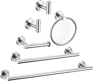 6 Pieces Brushed Nickel Bathroom Hardware Accessories Set Hand Towel Ring 16&23.6 inch Round Towel Bar Silver Toilet Paper Holder Towel Hooks 2 Pieces SUS 304 Stainless Steel,Heavy Duty,Wall Mounted