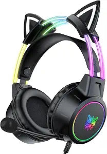 Lightweight Gaming Headset, RGB Lighting, Wired Over Ear Headphones with Mic for PC Laptop PS4 PS5 Switch, Stereo Surround Sound, Self-Adjusting Headband, Black Cat Ear