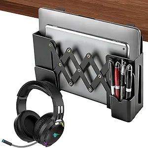 Desk Side StorageUnder Desk Clamp-on Vertical Laptop Holder,7-17 Inch Length Adjustable with Pen & Headphone Holder,No Drill Storage Shelf for DeskFits Table Edge 0.4" to 2.3"(Black)