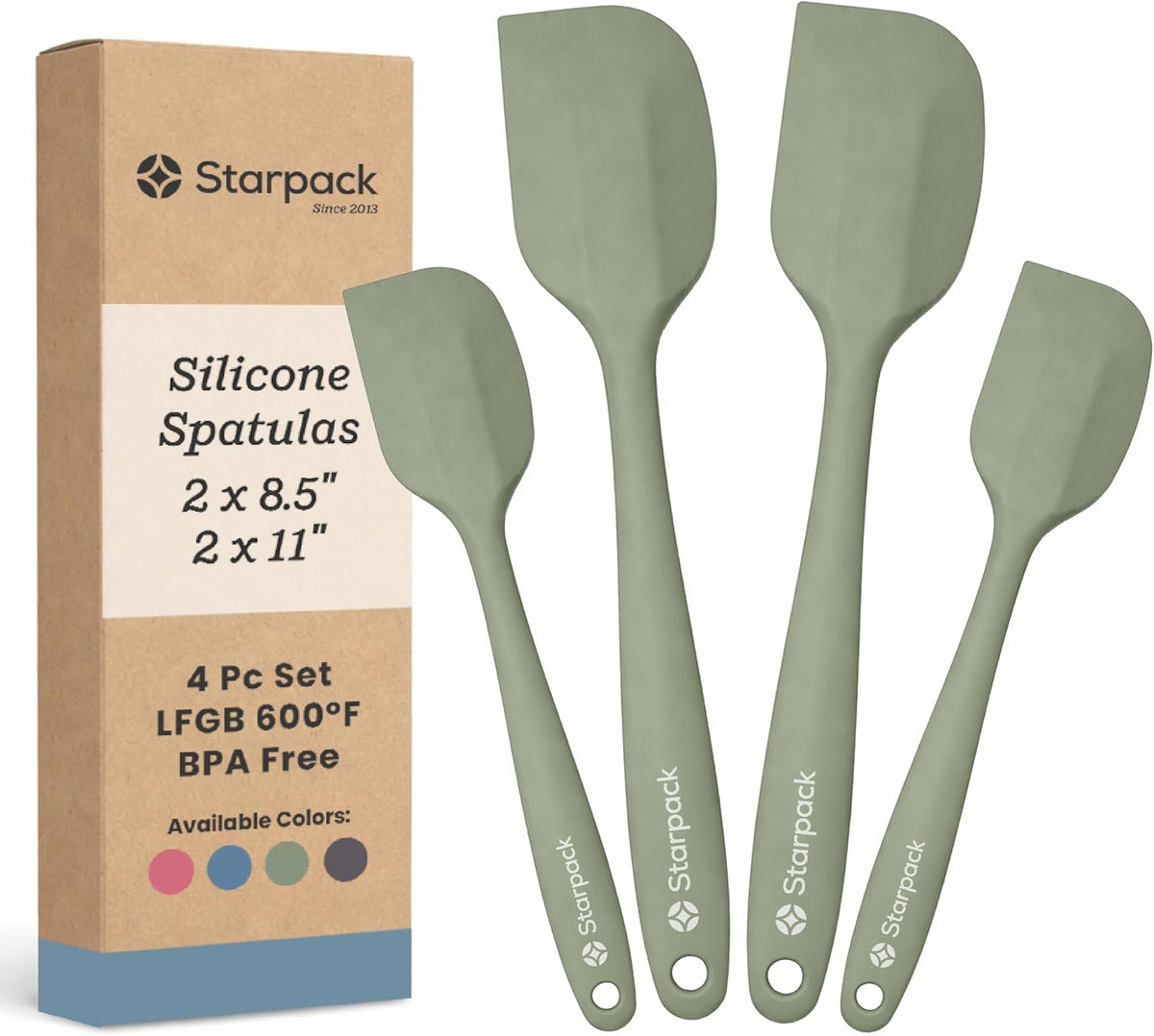 Starpack 'Scrape and Stir' Silicone Rubber Spatula Set (4-Piece) - LFGB Non Toxic, 600F Heat Resistant, BPA-Free, One-Piece Kitchen Baking Spatulas - Dishwasher Safe for Nonstick Cookware Sage Green