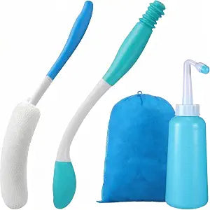 Sunnyray 2 Set Toilet Aids Kit for Wiping Include 2 Long Handle Butt Wiper 2 Shower Brush 2 Portable Bidet 2 Storage Bag for Disabled Elderly Pregnant Physically Challenged