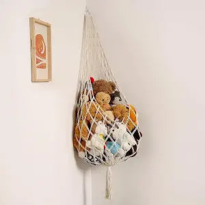 Amdermi Stuffed Animal Hammock Corner, Boho Macrame Plush Toy Storage Net for Wall, Hanging Stuffed Animal Holder for Nursery, Playroom, Kids Room, Cream