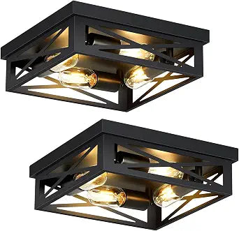 ZHU YAN Farmhouse Ceiling Light Fixture, 2 Pack Square Black Metal Cage Ceiling Lamp for Kitchen Entryway Hallway (4-Light)