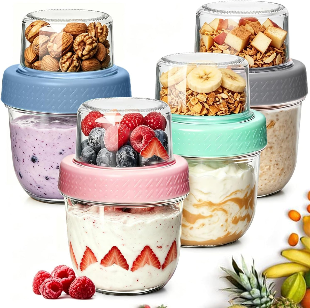 8+4 oz Glass Parfait Cups with Lids 4 Pack Yogurt Container Reusable