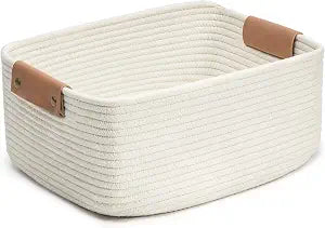 CHICVITA Large Woven Rope Gift Basket with Leather Handles, 20L, White