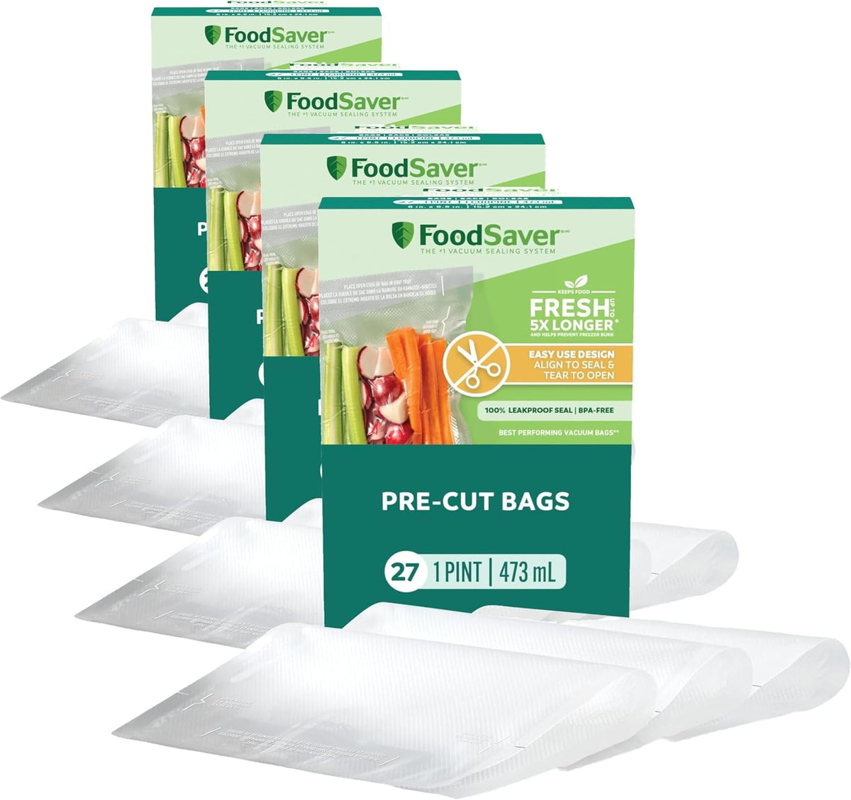 FoodSaver Pre-Cut Vacuum Seal-Bags, Easy Use Vacuum-Storage Bags, Align to Seal and Tear to Open Vacuum Sealer Storage-Bags, Pint (27 Bags) (Pack of 4)