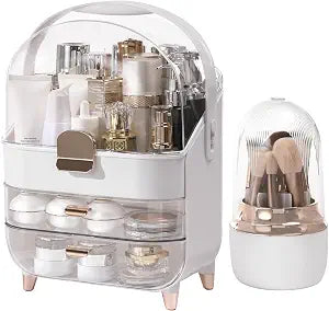Makeup Organizer for Vanity with Brush Holder, Lid and 2 Drawers, Rose Gold
